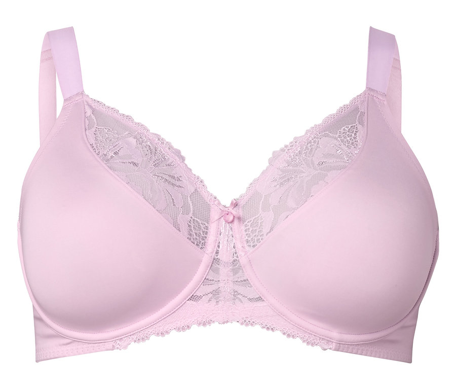 Soutien-gorge minimiseur rose avec dentelle et bretelles réglables.