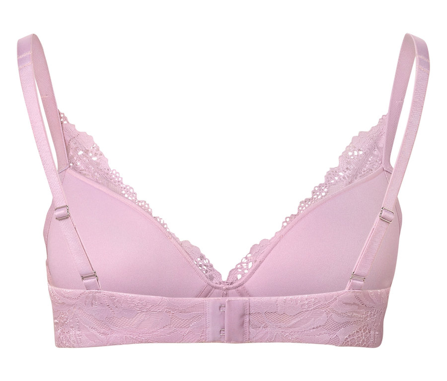 Vue détaillée de l'arrière d'un soutien-gorge violet clair avec des détails en dentelle.