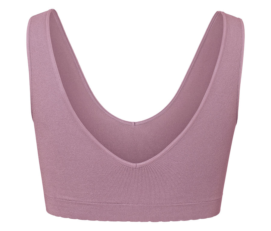 Gros plan d'un soutien-gorge de sport violet avec un décolleté en V.