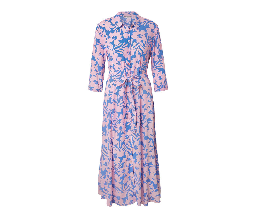 Une robe chemise imprimée fleurie rose et bleue avec col, boutons et ceinture.