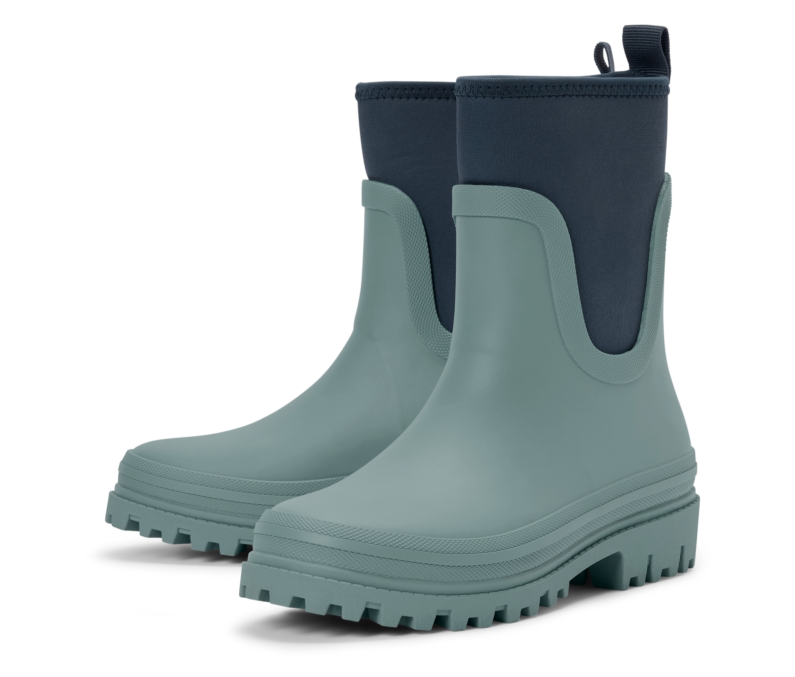Deux bottes de pluie en néoprène bleu clair pour enfants.