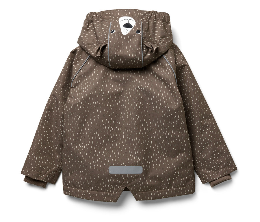 Veste marron à capuche avec un motif de lignes blanches et un visage d'ours sur la capuche.