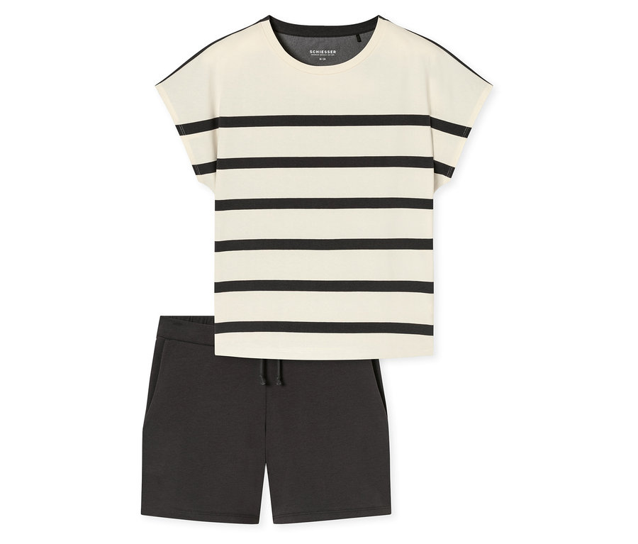 Set shorty SCHIESSER, composé d'un t-shirt écru à rayures horizontales noires et d'un short gris foncé avec cordon de serrage, posé à plat.