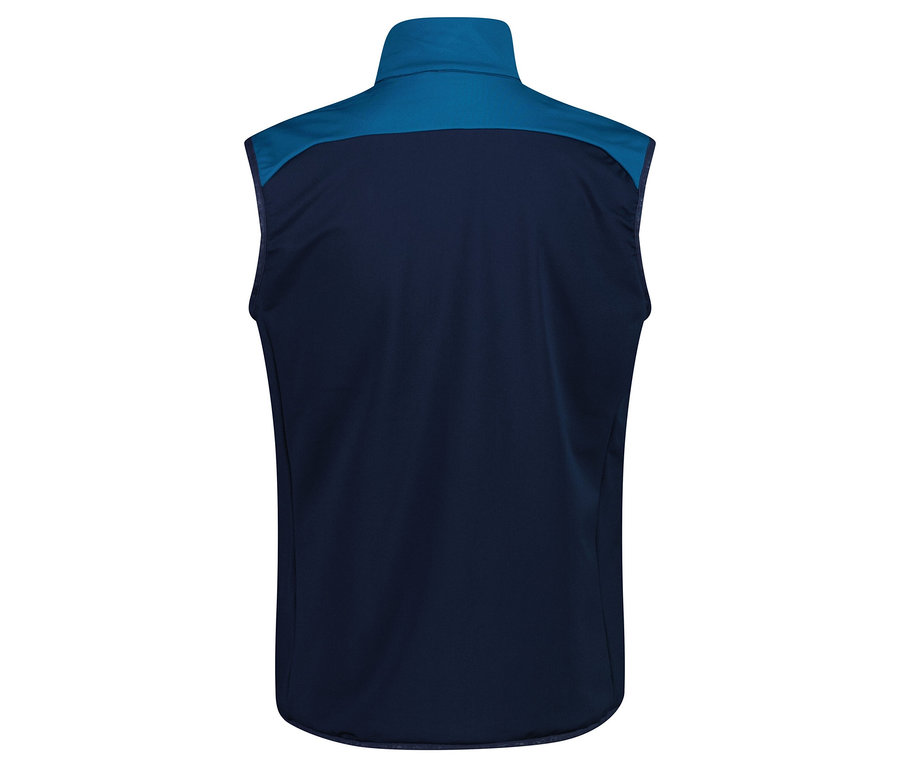 Vue arrière d'un gilet bleu marine sans manches avec un col bleu.