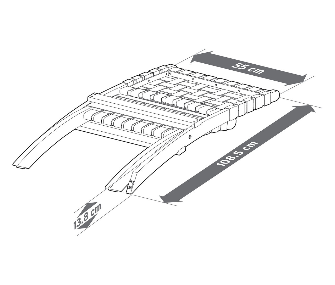 Vue de dessus d'un croquis d'une chaise longue mesurant 55 cm, 108,5 cm et 13,8 cm.