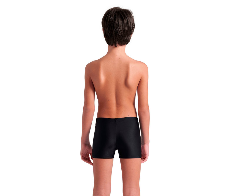 Vue arrière d'un enfant aux cheveux bruns courts portant un slip de bain noir.