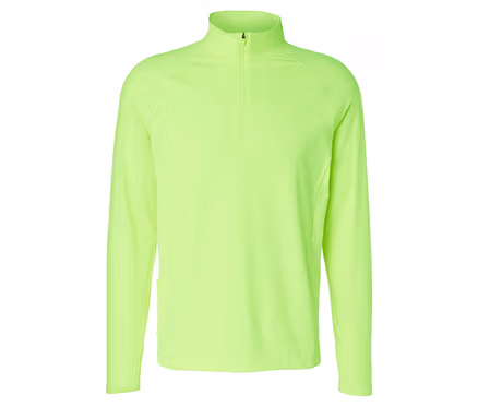 T-shirt de sport thermique à manches longues, couleur vert fluo, avec col montant et demi-zip.
