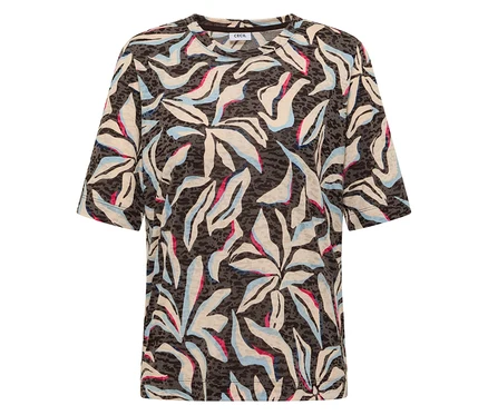 T-shirt manches courtes CECIL gris foncé avec un motif abstrait de feuilles bleu, beige et rose.