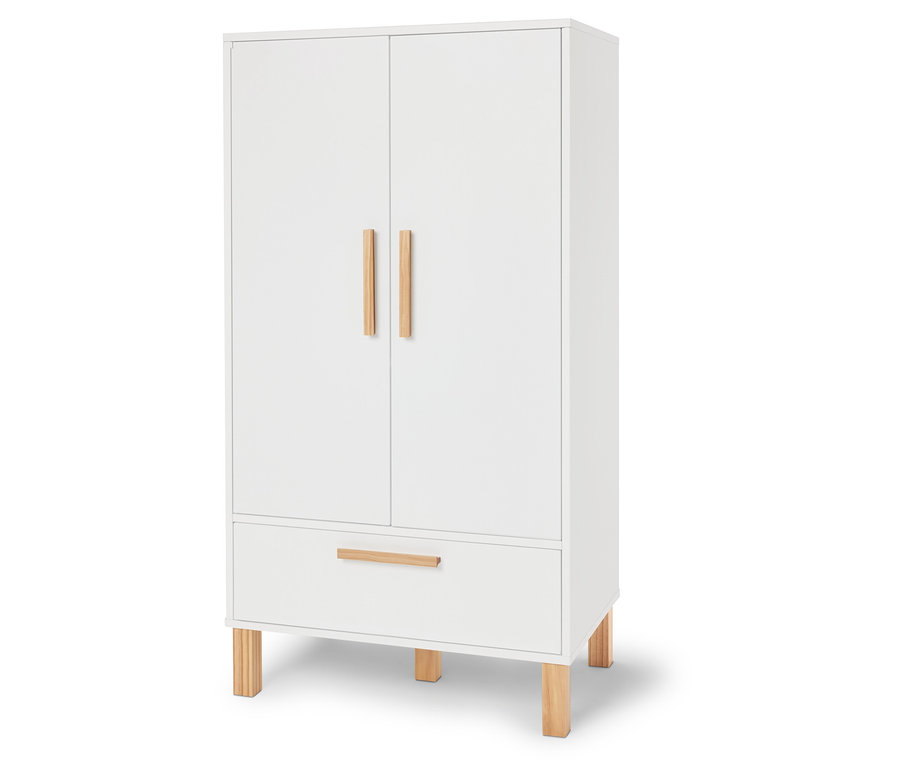 Une armoire blanche avec deux portes, un tiroir et des poignées et pieds en bois marron clair.