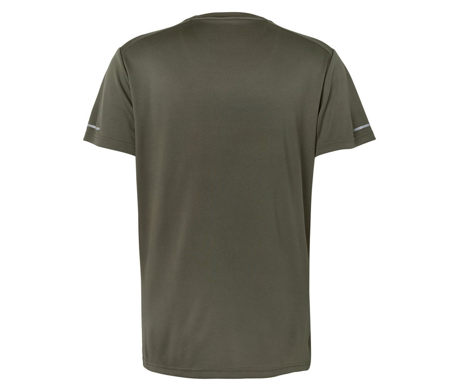 Gros plan sur l'arrière d'un t-shirt vert olive à manches courtes avec des bandes réfléchissantes.