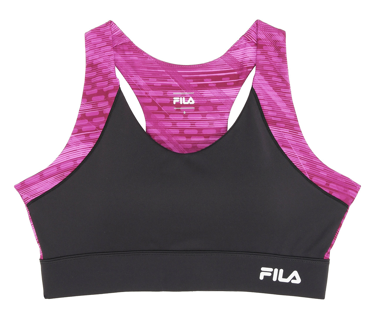 Le soutien-gorge de sport FILA pour femme est noir avec des bretelles à motifs roses et un logo FILA sur la bande inférieure.
