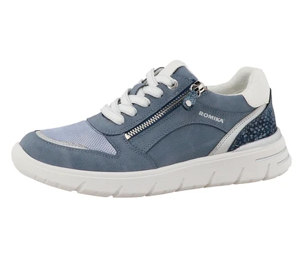 Une seule chaussure ROMIKA bleue avec une semelle blanche et des lacets.