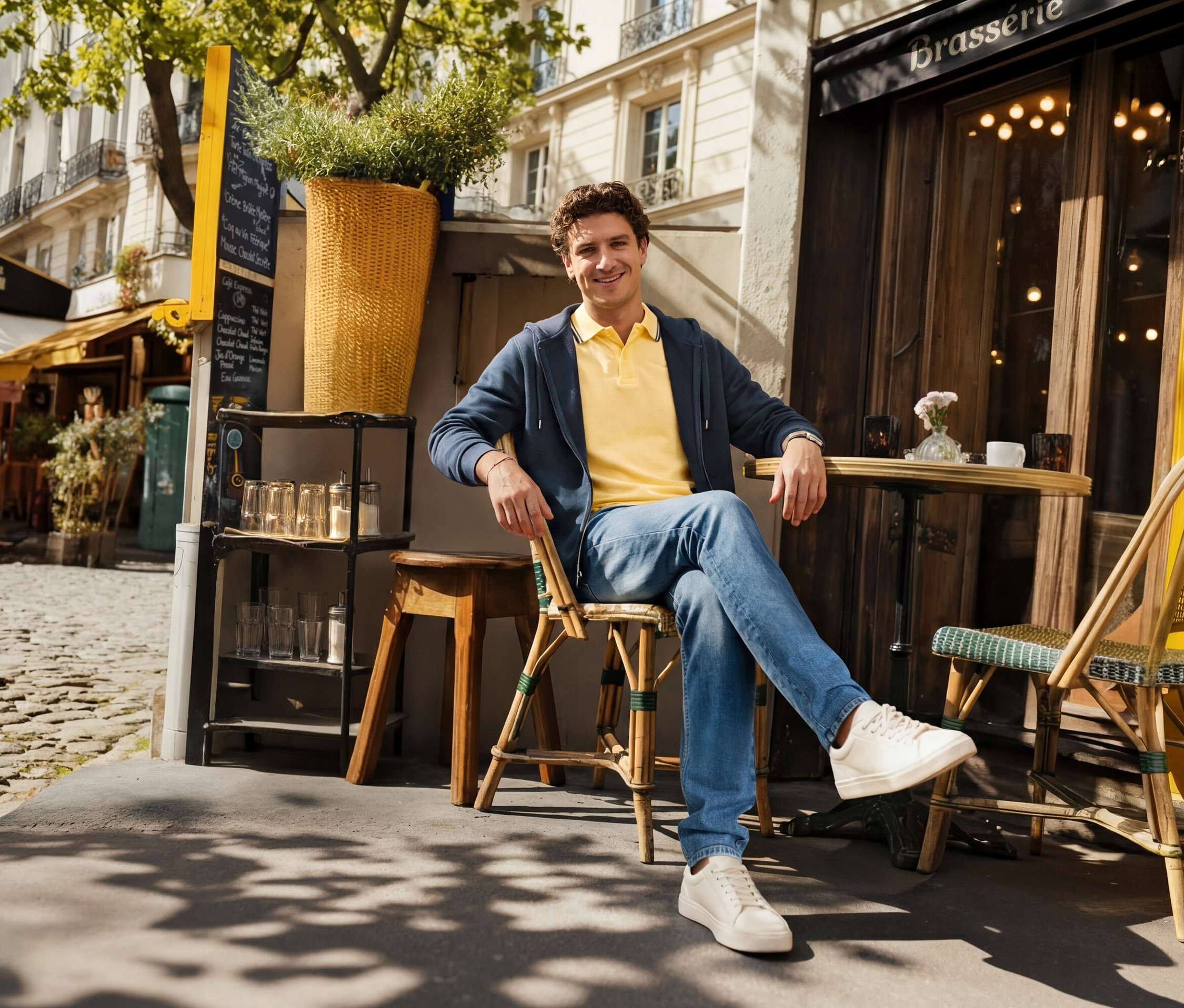 Un homme est assis devant un café, portant un jean, un polo piqué jaune et une veste à capuche marine.