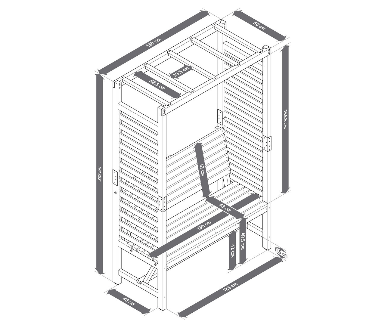 Un banc de jardin avec arche de roses et indications de mesure est représenté.