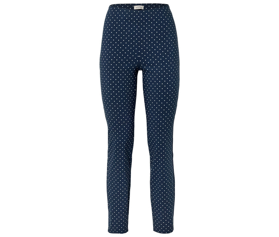 Legging bleu marine à pois blancs.