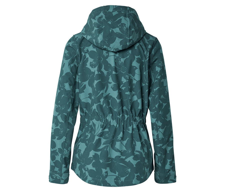 Vue arrière d'une veste à fleurs turquoise avec capuche et cordon de serrage à la taille.