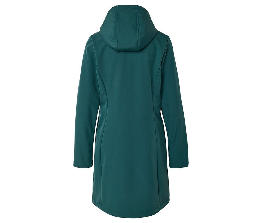 Vue arrière d'une veste softshell vert émeraude à capuche.