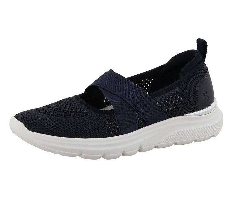 Chausson Romika noir avec des brides élastiques bleues et une semelle blanche.