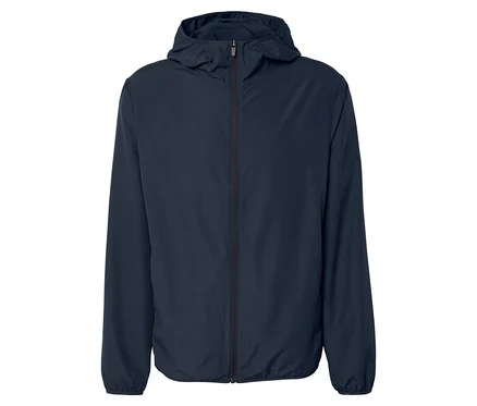 Veste à capuche bleu marine avec fermeture éclair intégrale.