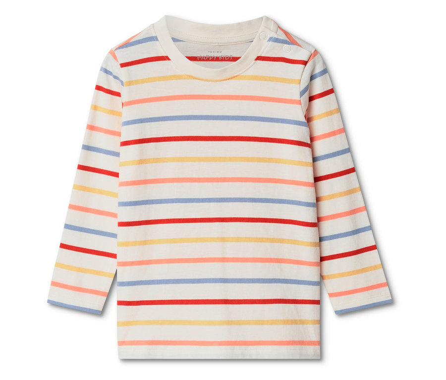 T-shirt rayé à manches longues pour enfants en blanc avec des rayures rouges, jaunes, bleues et oranges.