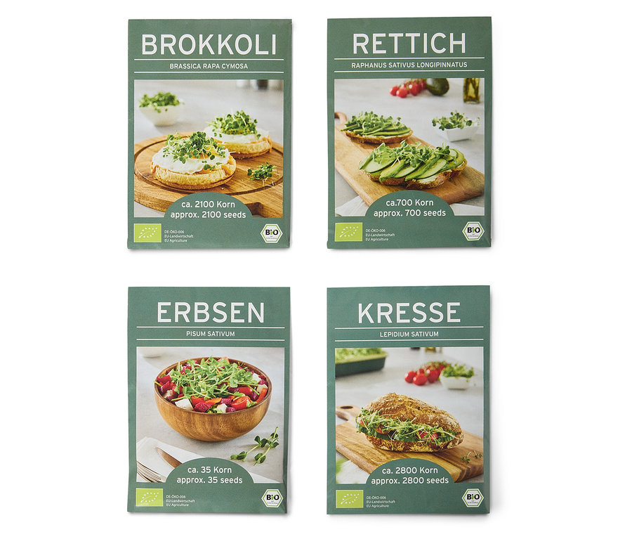 Image de quatre paquets de graines avec des photos de brocolis, de radis, de pois et de cresson.