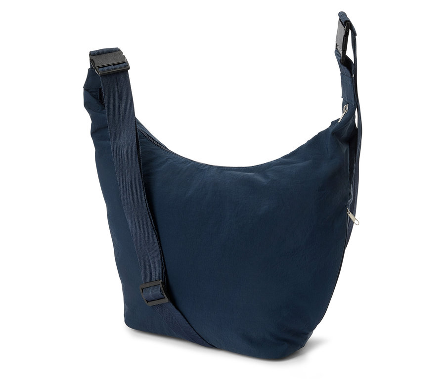 Sac à bandoulière bleu marine avec une bandoulière ajustable sur un fond blanc.