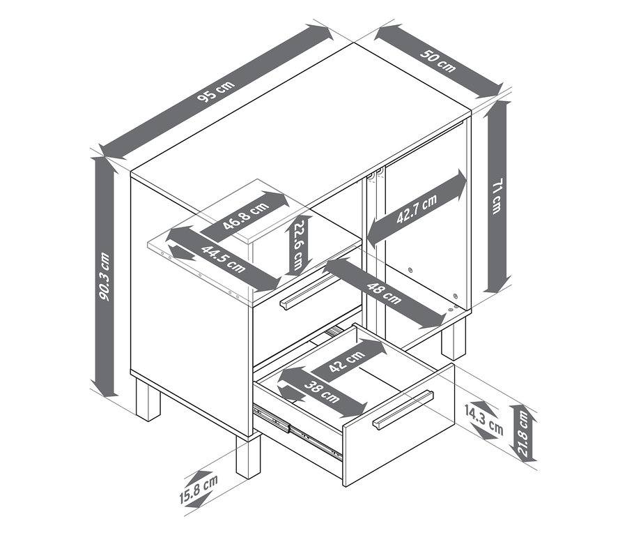 Illustration d'une commode pour enfants «
Leira
» avec tiroirs et tringle à vêtements, dimensions comprises.