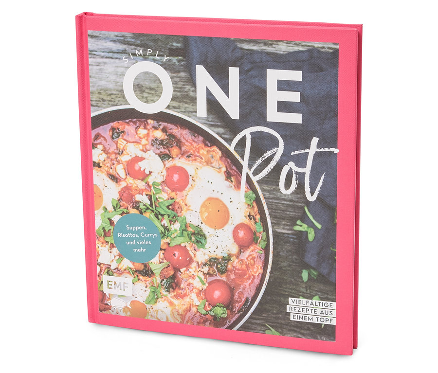 Gros plan d'un livre de cuisine rose intitulé « Simply One Pot ».