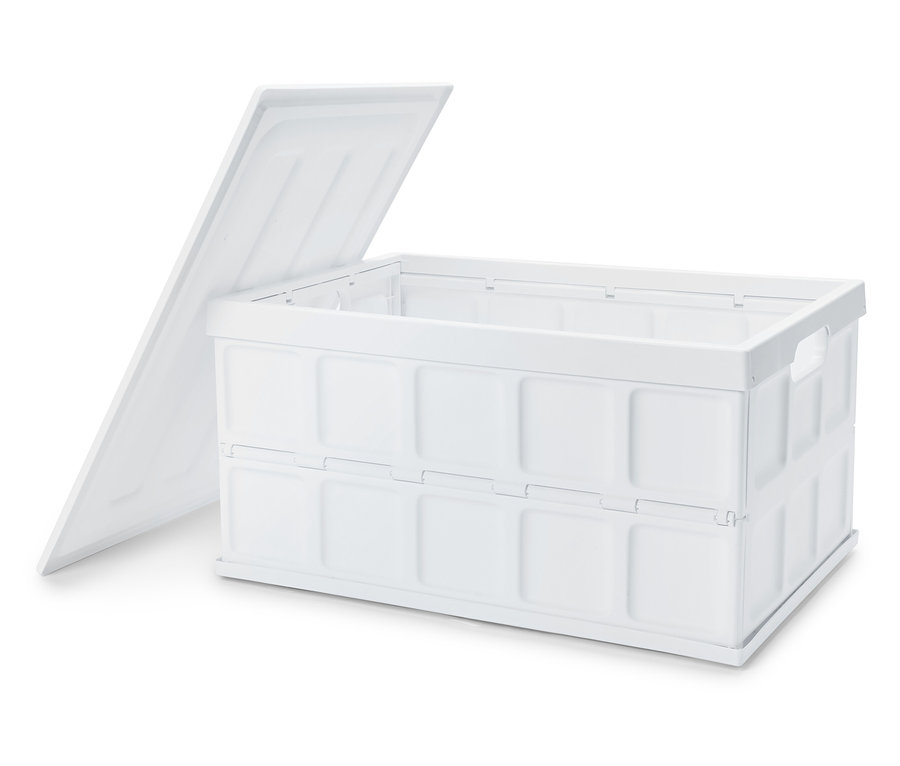 Boîte de rangement pliable en plastique blanc avec couvercle partiellement ouvert.