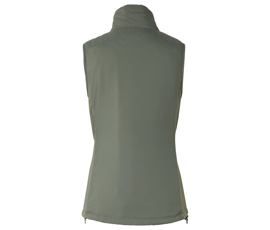 Vue arrière d'un gilet matelassé vert olive à col montant.