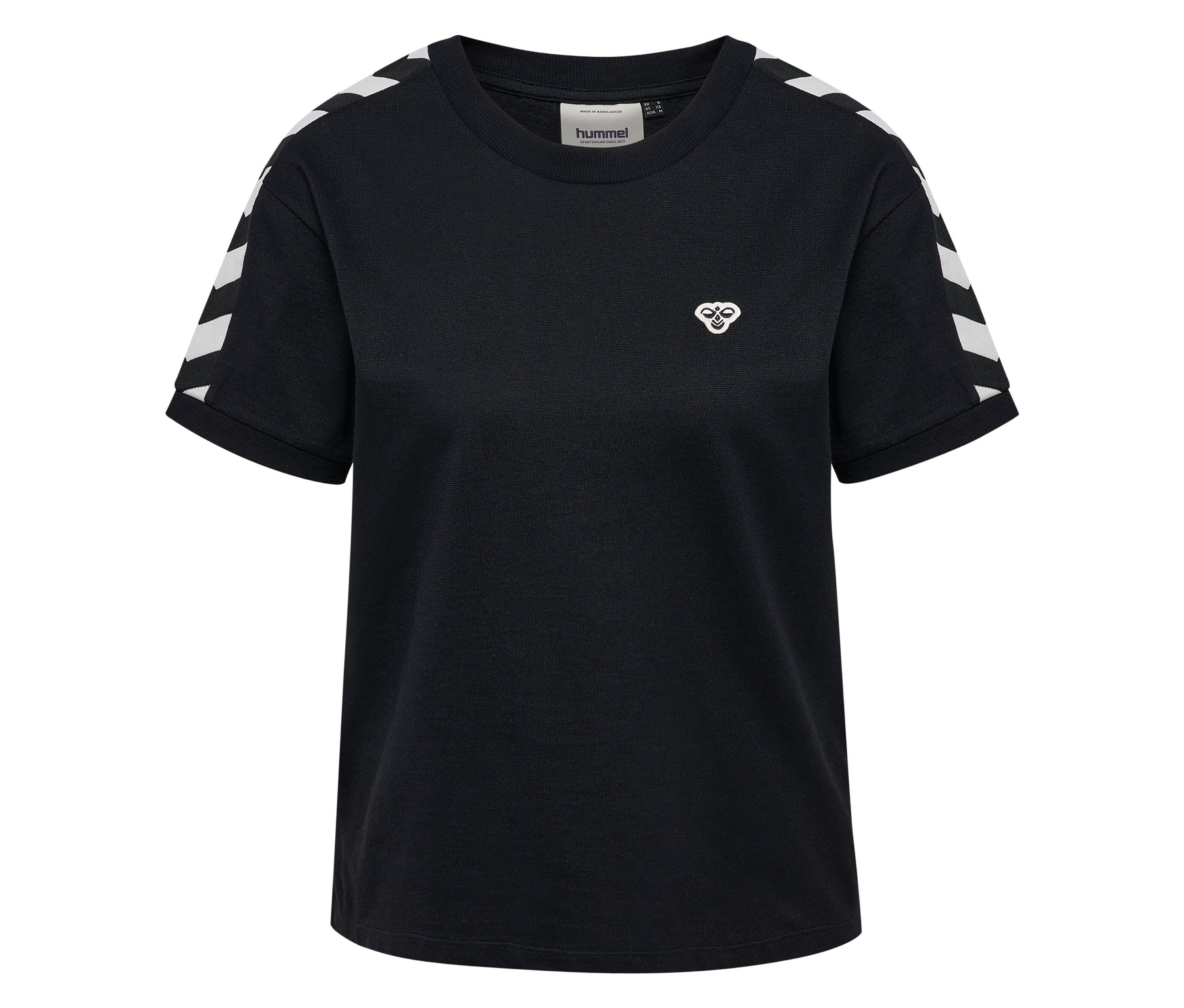 T-shirt HUMMEL pour femme noir avec logo blanc et rayures blanches sur les manches.