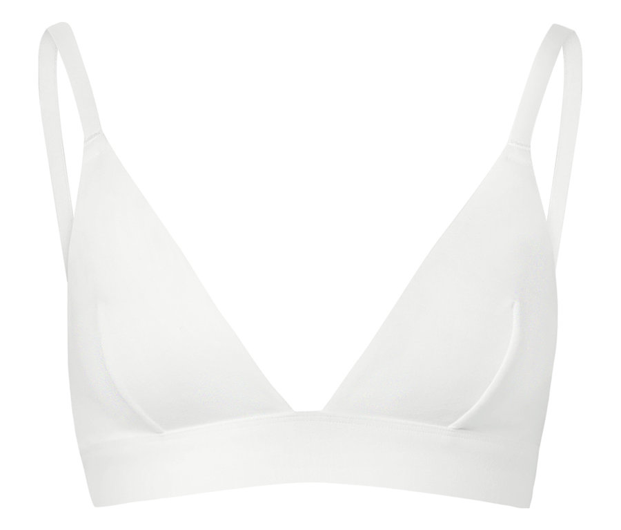 Soutien-gorge triangle blanc à fines bretelles.