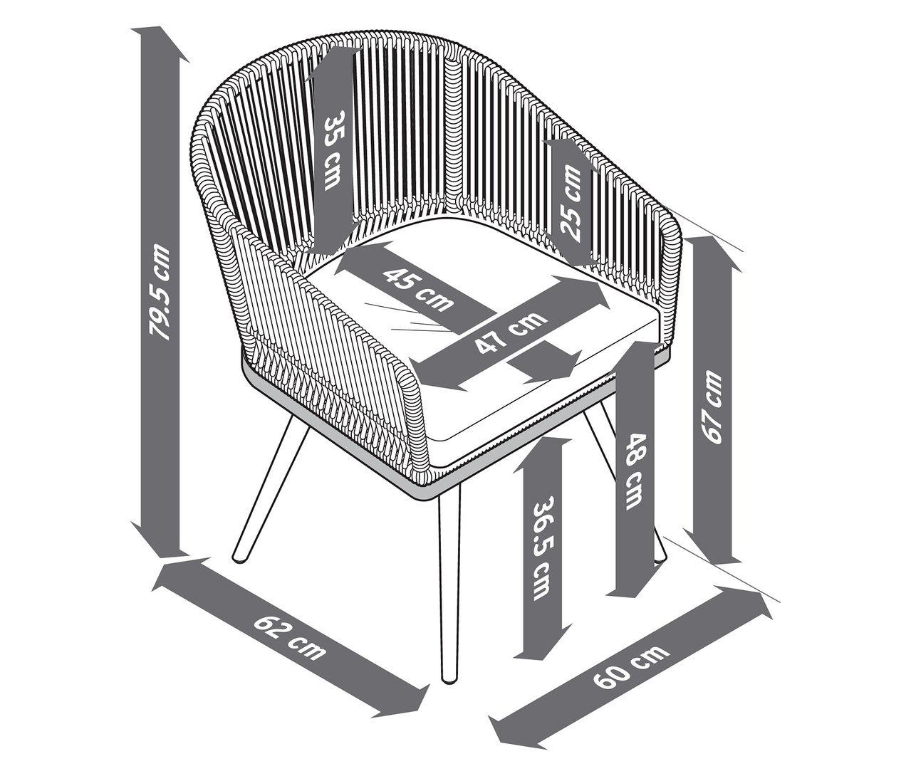Image d'une chaise de jardin pivotante avec tressage textile et indications de dimensions.