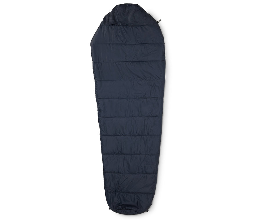 Sac de couchage bleu foncé étalé sur un fond blanc.