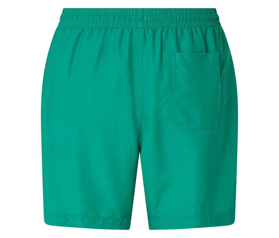 Short de bain vert avec ceinture élastique et poche arrière.