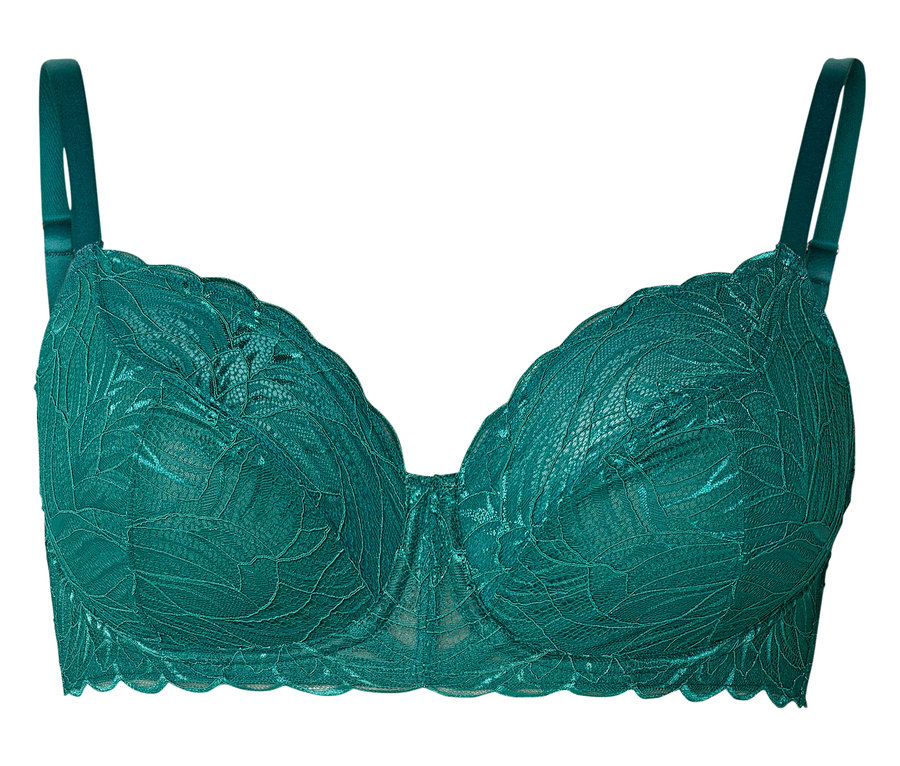 Soutien-gorge vert à armatures avec bretelles réglables sur fond blanc.