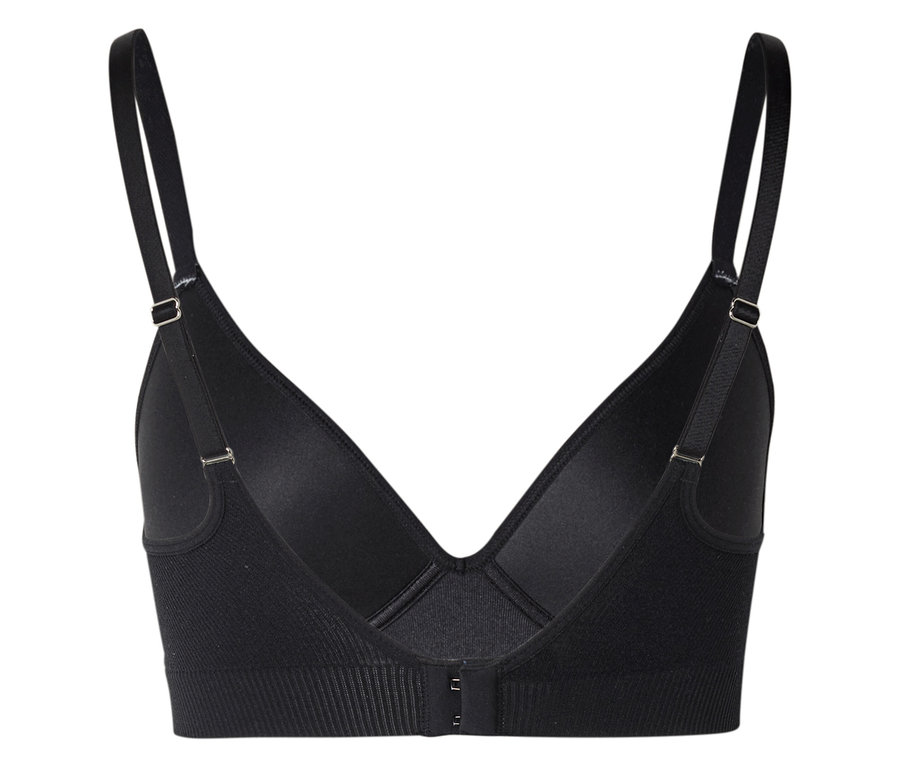 Vue arrière d'un soutien-gorge noir avec bretelles réglables et fermeture à agrafes.