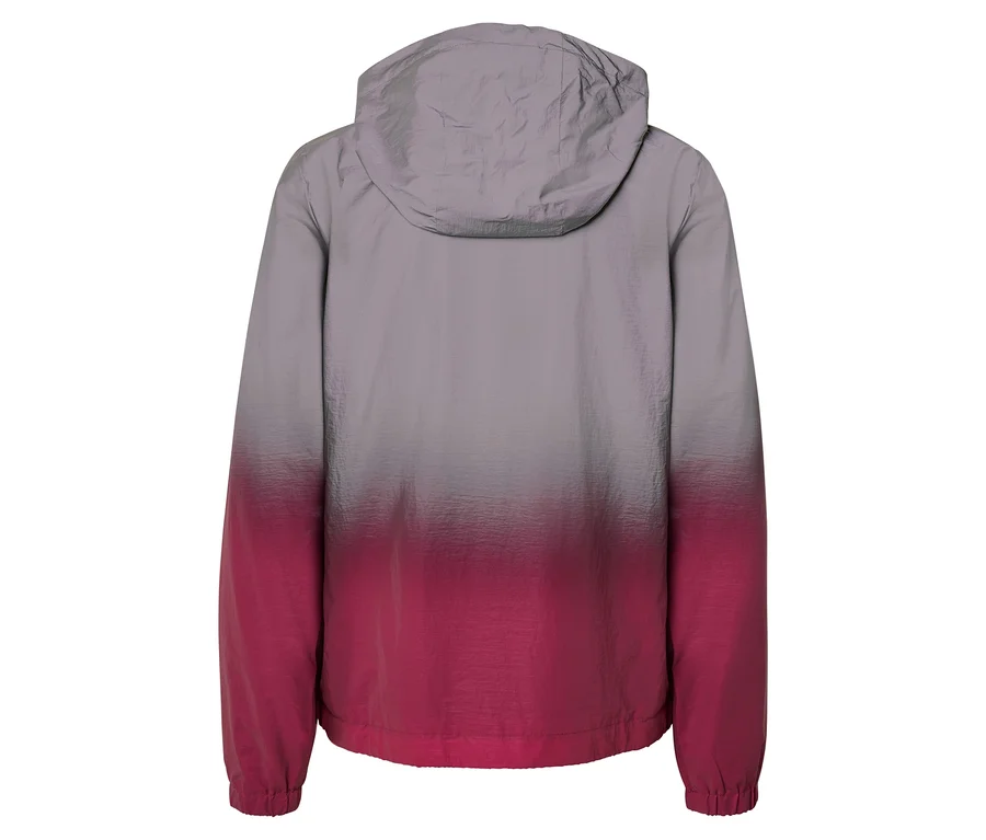 Vue arrière d'un coupe-vent à capuche dégradé du gris au rose.