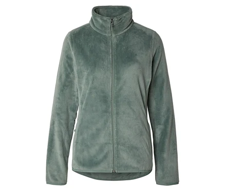 Une veste en polaire vert clair avec une fermeture éclair intégrale et un col montant est visible sur un fond blanc.