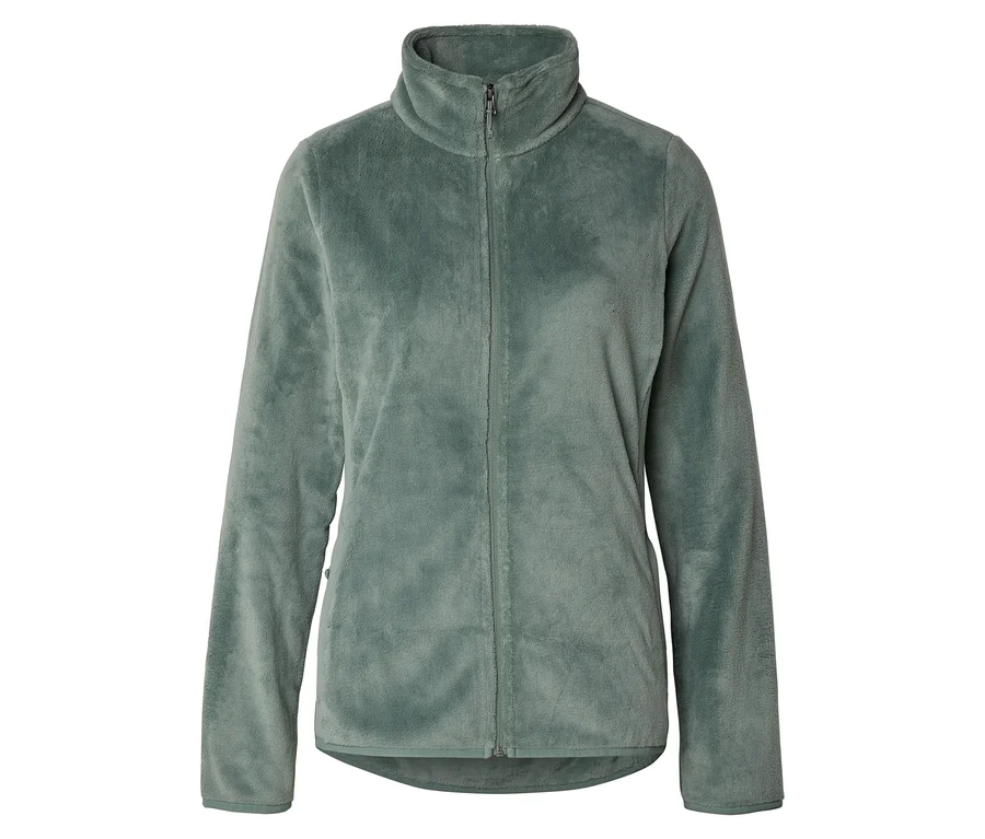 Une veste en polaire vert clair avec une fermeture éclair intégrale et un col montant est visible sur un fond blanc.