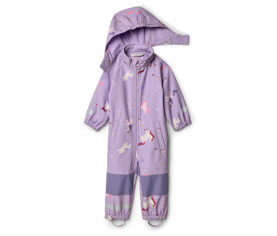 Combinaison intégrale violette pour enfant avec capuche, fermeture éclair et motif de licorne.