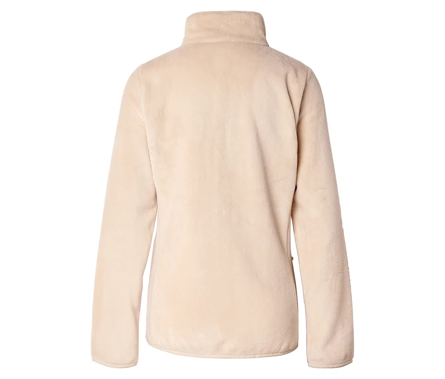 Vue arrière d'une veste en polaire beige avec un col montant et des manches longues sur un fond blanc.