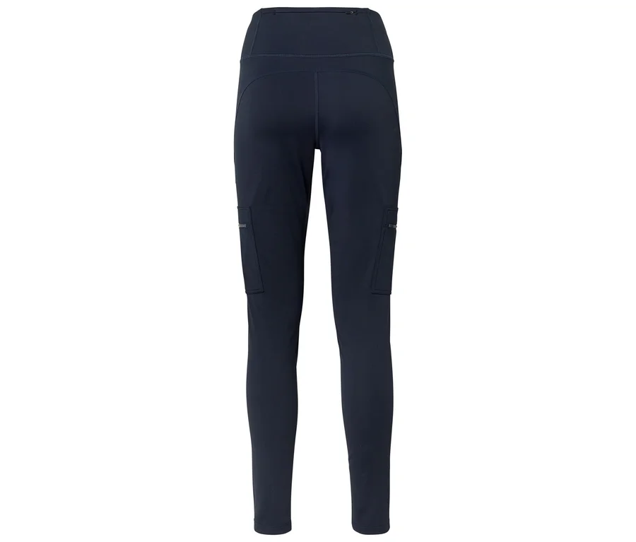Legging bleu foncé taille haute avec poches cargo latérales et une poche zippée à la taille.