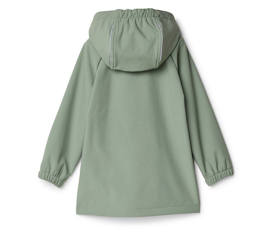 Vue arrière d'un imperméable vert clair à capuche et manches longues.