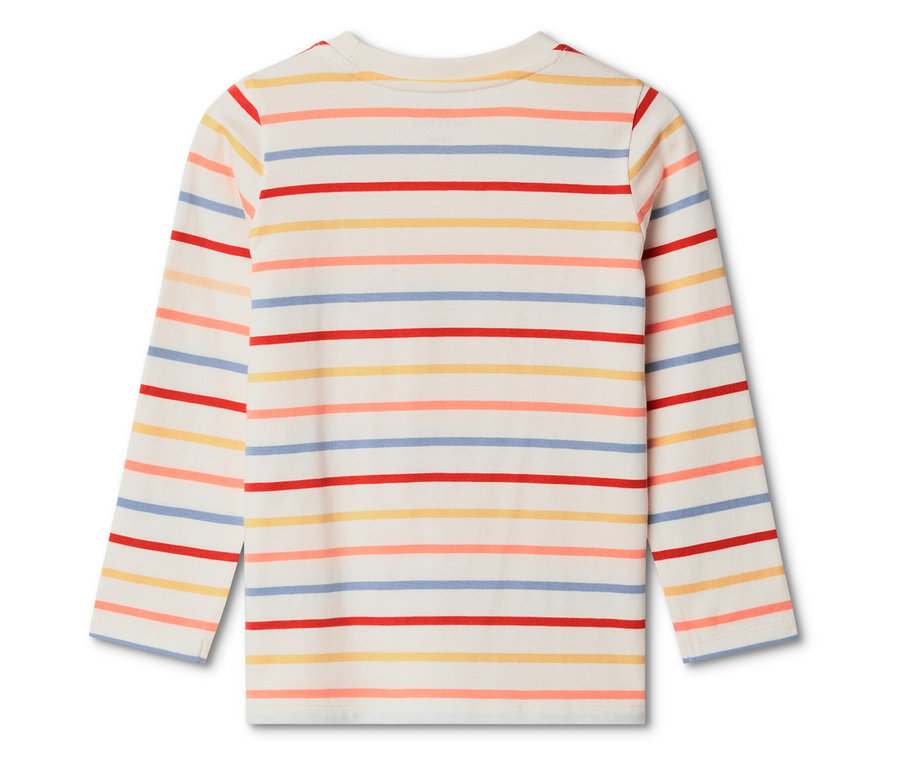 T-shirt à manches longues rayé rouge, jaune, bleu et abricot sur fond blanc.