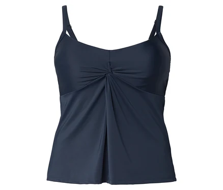Haut de tankini bleu marine à fines bretelles et devant froncé.