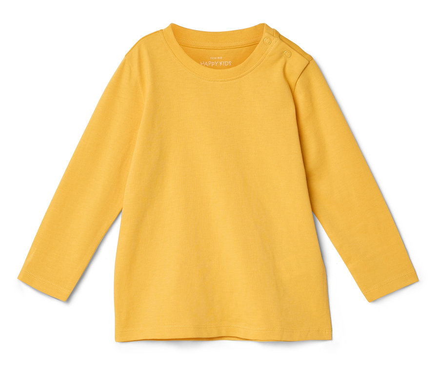 T-shirt jaune à manches longues pour enfant, posé à plat sur un fond blanc.