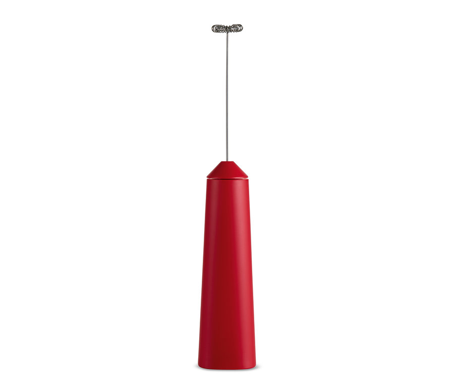 Un mousseur à lait à batterie rechargeable rouge.