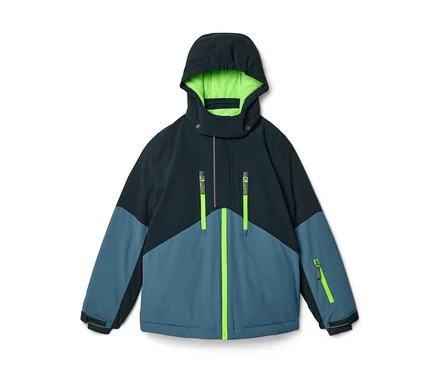 Veste enfant bleu marine et sarcelle avec fermetures éclair et doublure de capuche vert fluo.