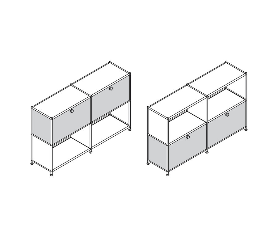 Deux unités de rangement modulaires avec des cadres métalliques. L'unité de gauche a deux compartiments gris fermés en haut et deux étagères ouvertes en bas. L'unité de droite a deux étagères ouvertes en haut et deux compartiments gris fermés en bas.